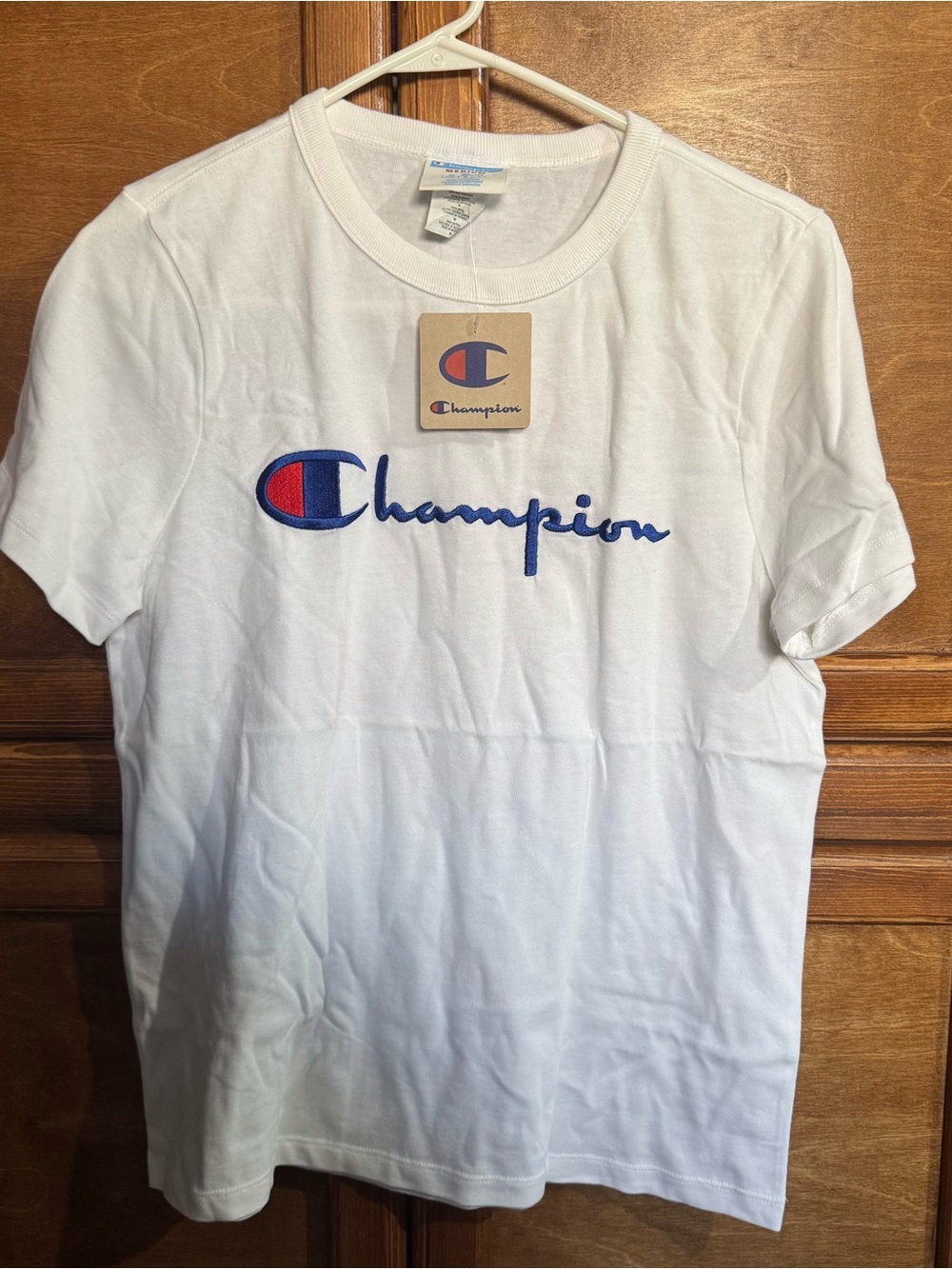 Champion White Tee with Blue & Red Logo Tag